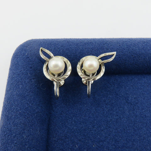 Mikimoto 925 Sterling Silver Leaf Akoya Pearl Screw On Earrings