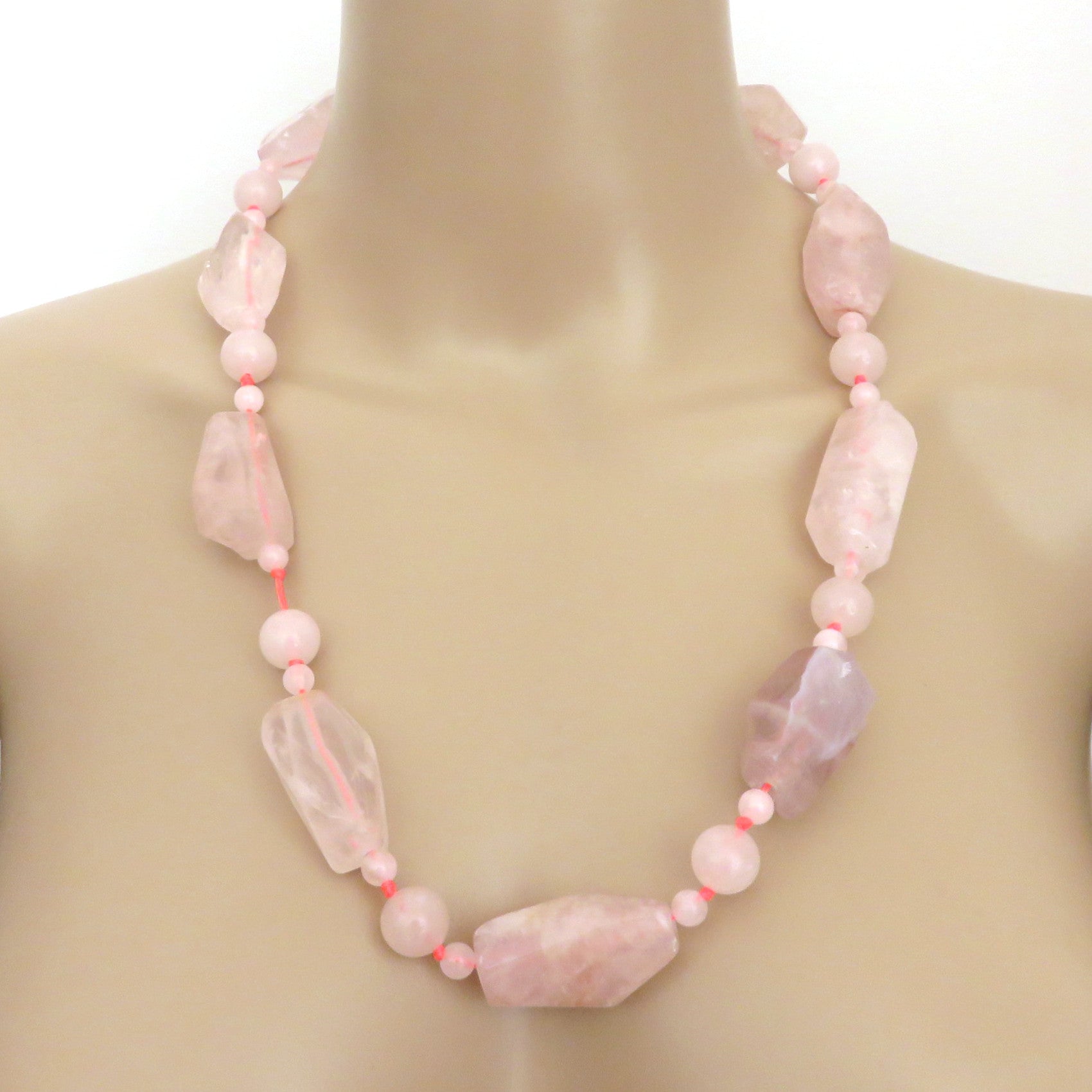 Natural Rose Quartz Necklace Bold Unique Statement Design Silver Clasp 44cm Box