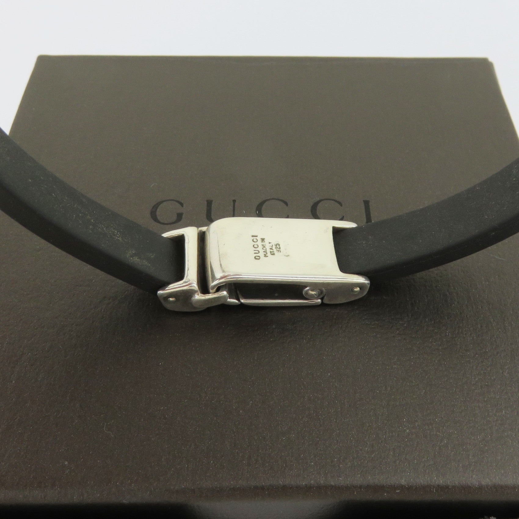 Gucci 925 Sterling Silver Rubber Bar Unisex Bracelet with Box Made in Italy