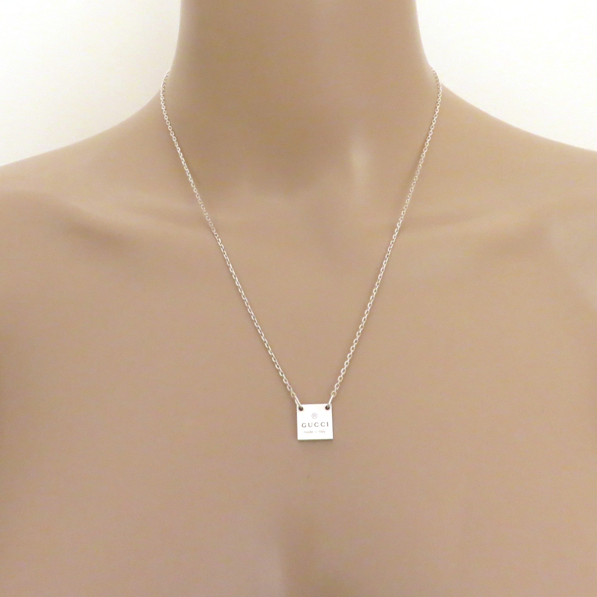Gucci 925 Sterling Silver Mini Square Tag Pendant Necklace with Pouch