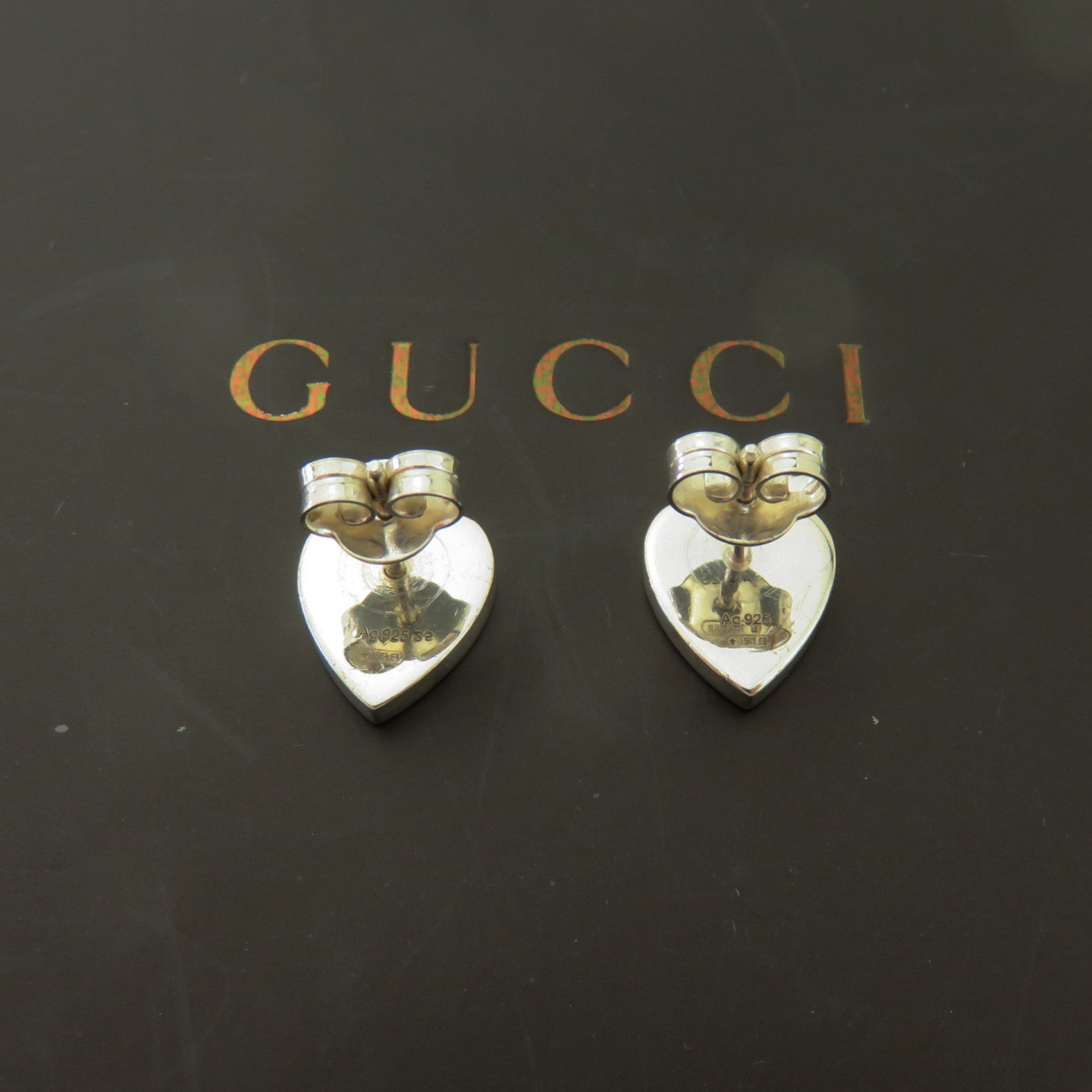 GUCCI 925 Sterling Silver Trademark Heart Tag Stud Earrings 