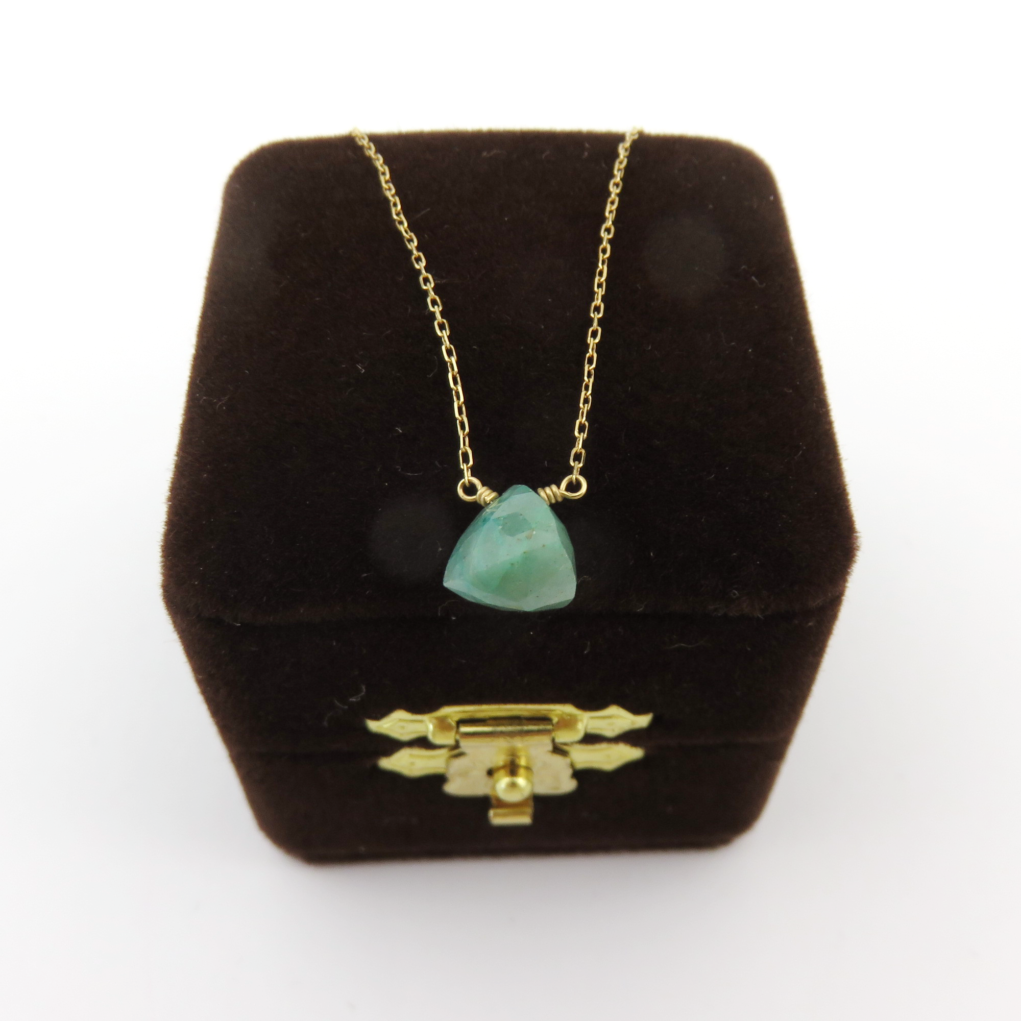 ete 10K Yellow Gold Green Gemstone Necklace Japanese Designer 40cm with Box