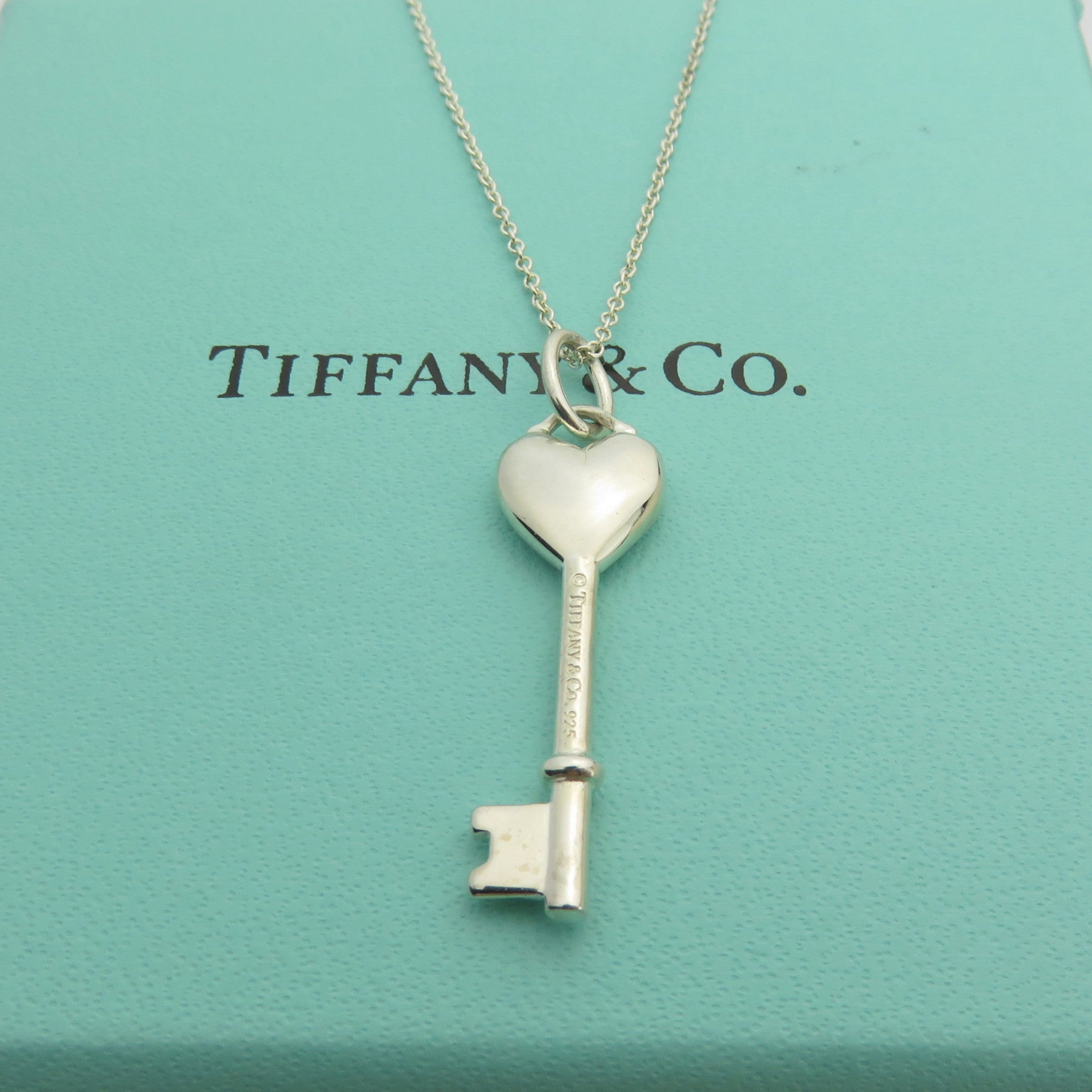 Tiffany & Co 925 Sterling Silver Heart Key Diamond Pendant Necklace with Box