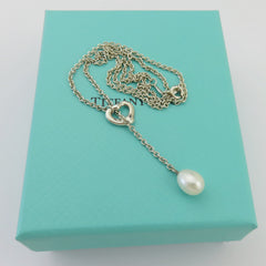 TIFFANY & CO 925 Sterling Silver Open Heart Pearl Lariat Necklace with Box 