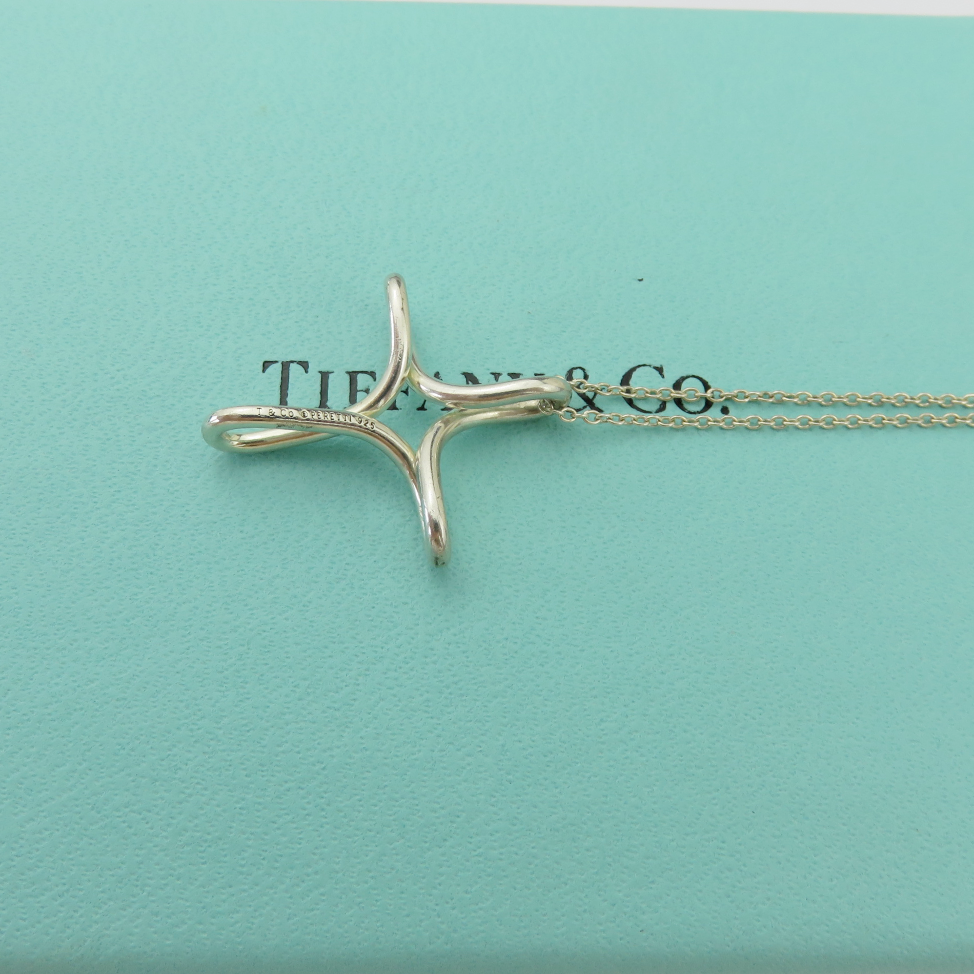 TIFFANY & CO 925 Sterling Silver Infinity Cross Pendant Necklace with Box Pouch