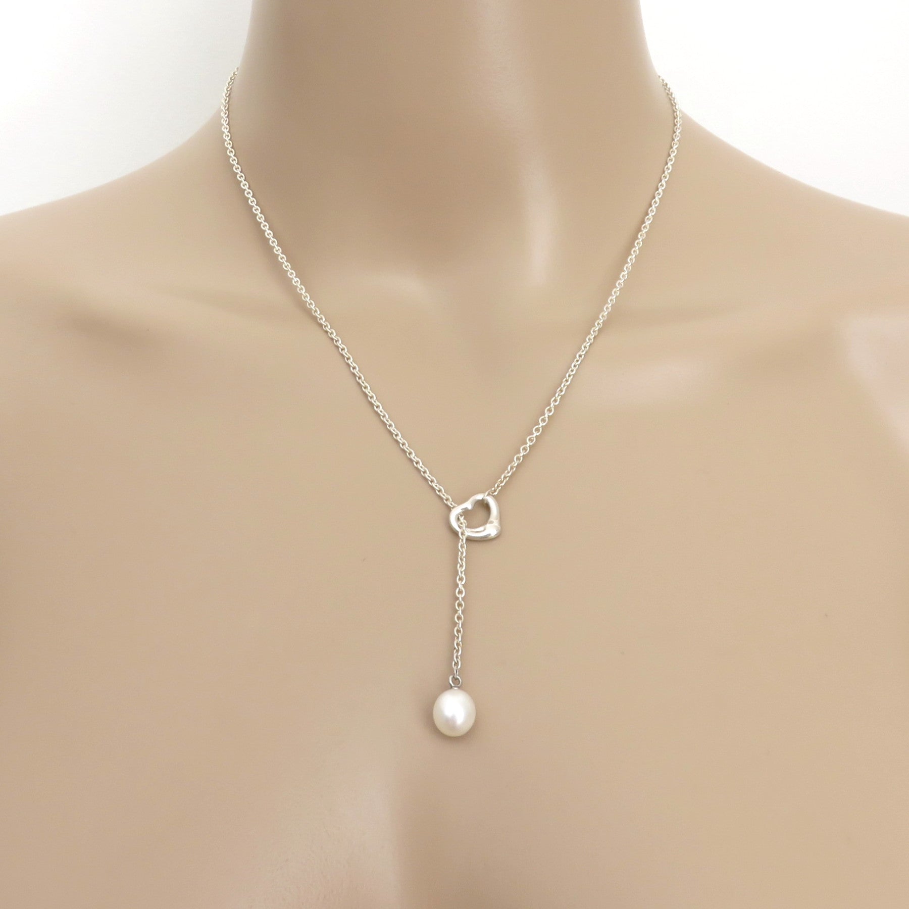 TIFFANY & CO 925 Sterling Silver Open Heart Pearl Lariat Necklace with Box Pouch