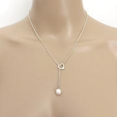 TIFFANY & CO 925 Sterling Silver Open Heart Pearl Lariat Necklace with Box Pouch