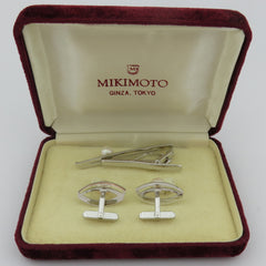 MIKIMOTO 925 Silver Akoya Pearl Marquise Cufflinks & Tie Clip Bar Set with Box