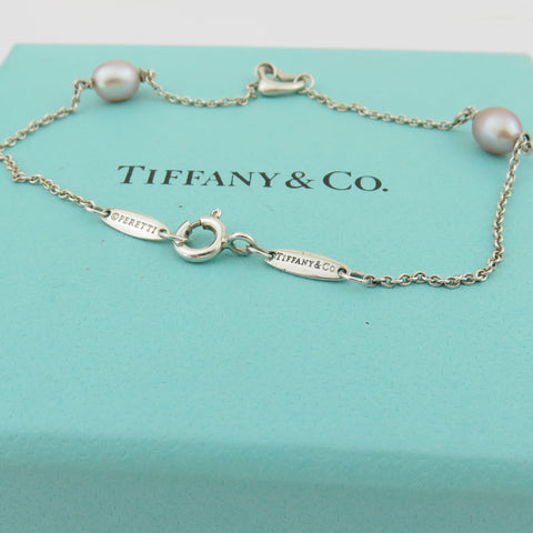 TIFFANY & CO 925 Silver Pearls By The Yard Open Heart Bracelet with Pouch Box