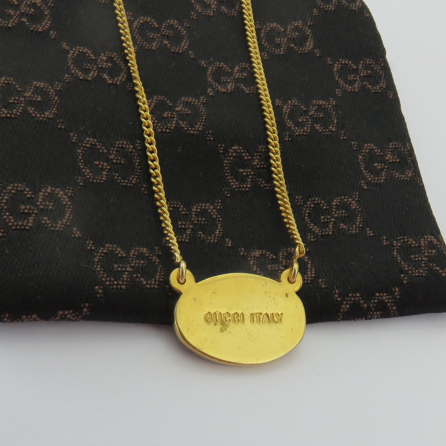 Gucci Vintage Gold Tone Metal Oval Tag Pendant Necklace