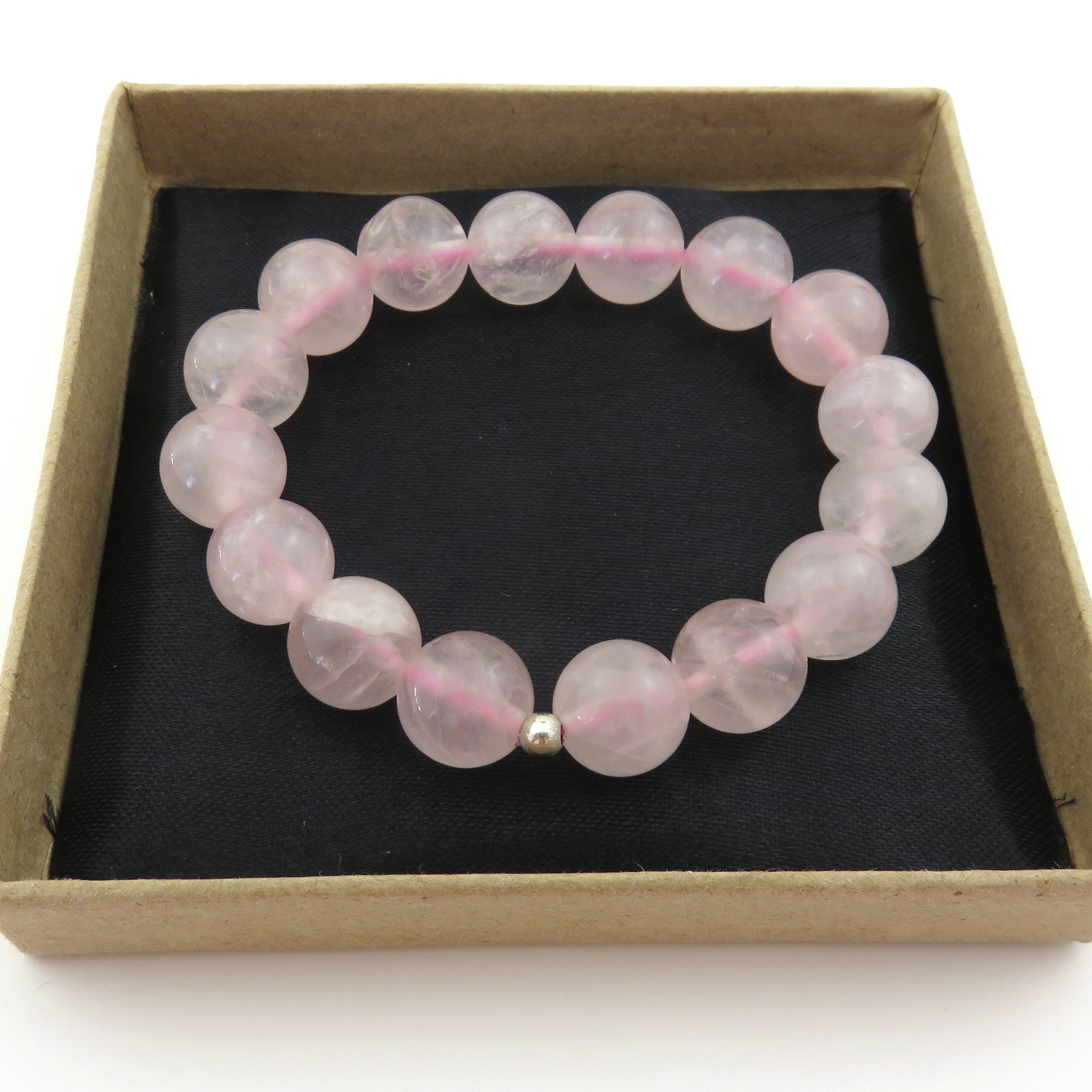 Genuine Rose Quartz Bracelet 12mm Round Beads Silver Accent Elastic Handmade Box