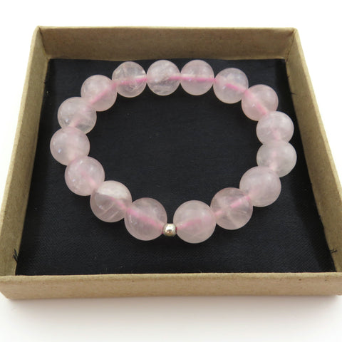 Genuine Rose Quartz Bracelet 12mm Round Beads Silver Accent Elastic Handmade Box