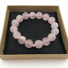 Genuine Rose Quartz Bracelet 12mm Round Beads Silver Accent Elastic Handmade Box