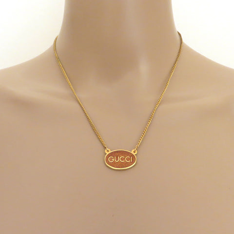 Gucci Vintage Gold Tone Metal Oval Tag Pendant Necklace