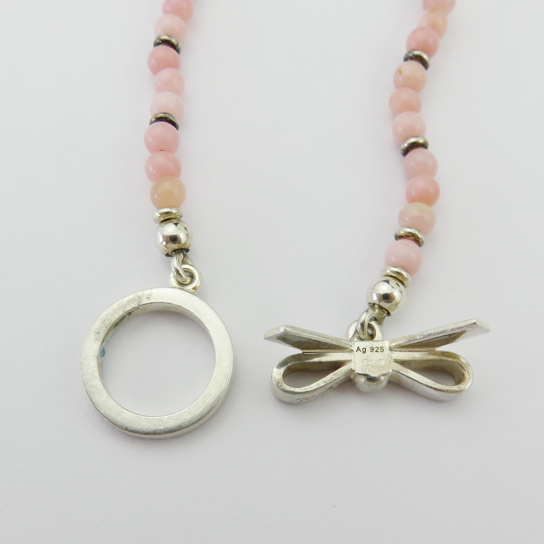 GUCCI 925 Sterling Silver Pink Beads Ribbon Toggle Choker Necklace with Box