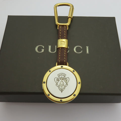 Gucci Gold Silver Tone Metal Brown Leather Round Logo Keyring with Box