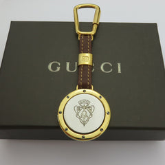 Gucci Gold Tone Metal Black Leather GG Logo Keyring Price Includes US Tariff