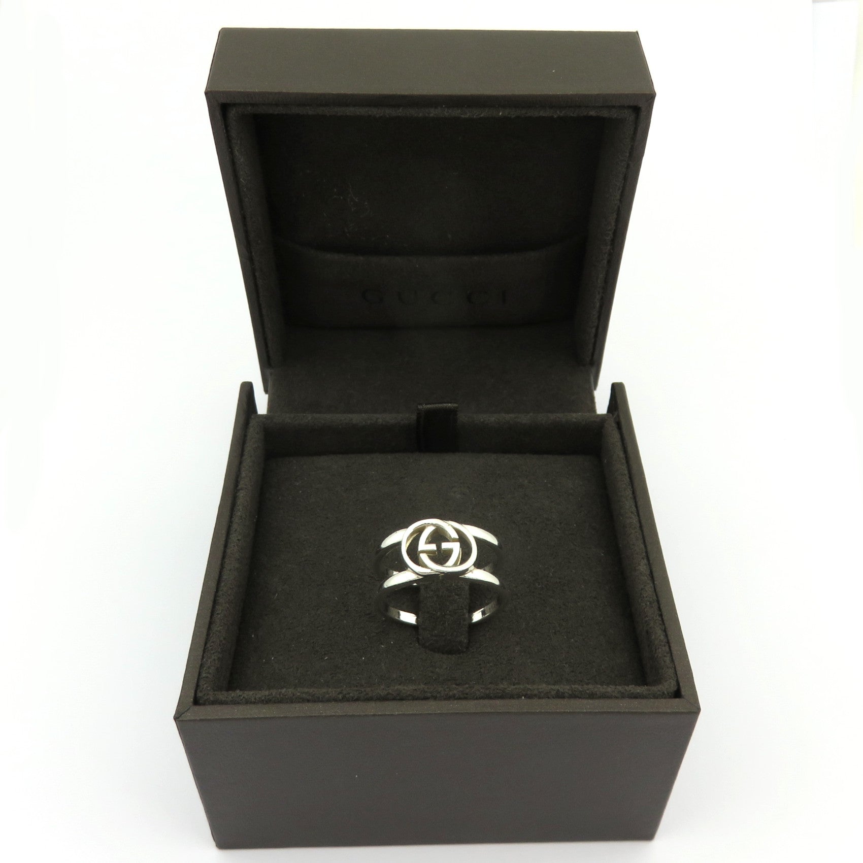 GUCCI 925 Sterling Silver Interlocking G Logo Ring Size 7.5 with Ring Box 