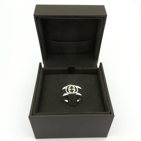 GUCCI 925 Sterling Silver Interlocking G Logo Ring Size 7.5 with Ring Box
