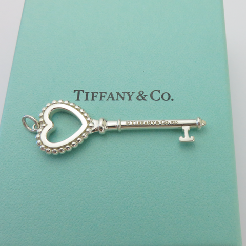 Tiffany & Co 925 Steling Silver Blue Enamel Large Beaded Heart Key Pendant Charm