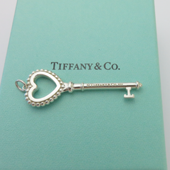 Tiffany & Co 925 Steling Silver Blue Enamel Large Beaded Heart Key Pendant Charm