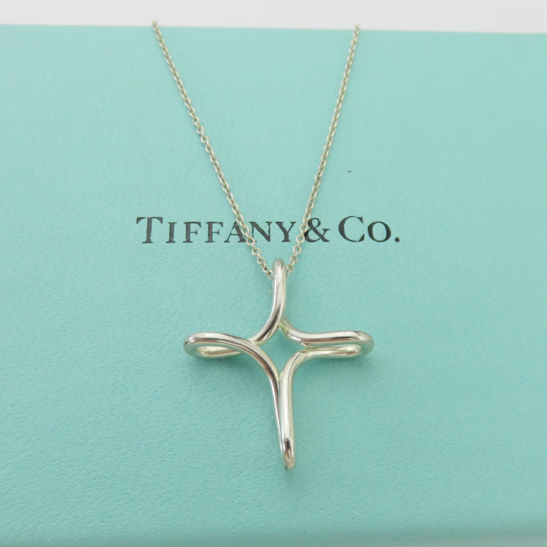 TIFFANY & CO 925 Sterling Silver Infinity Cross Pendant Necklace with Box Pouch