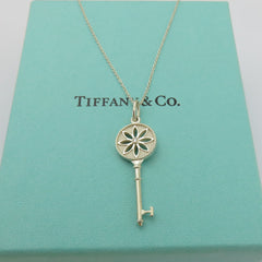 TIFFANY & CO 925 Silver Daisy Flower Key Diamond Necklace with Pouch Box