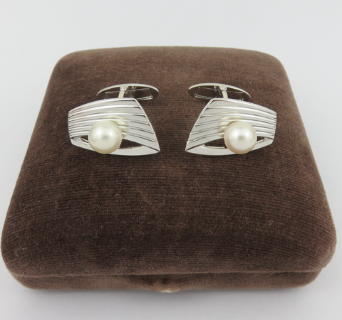 MIKIMOTO 925 Sterling Silver 7.3mm Akoya Pearl Geometric Cufflinks Japan w/ Box