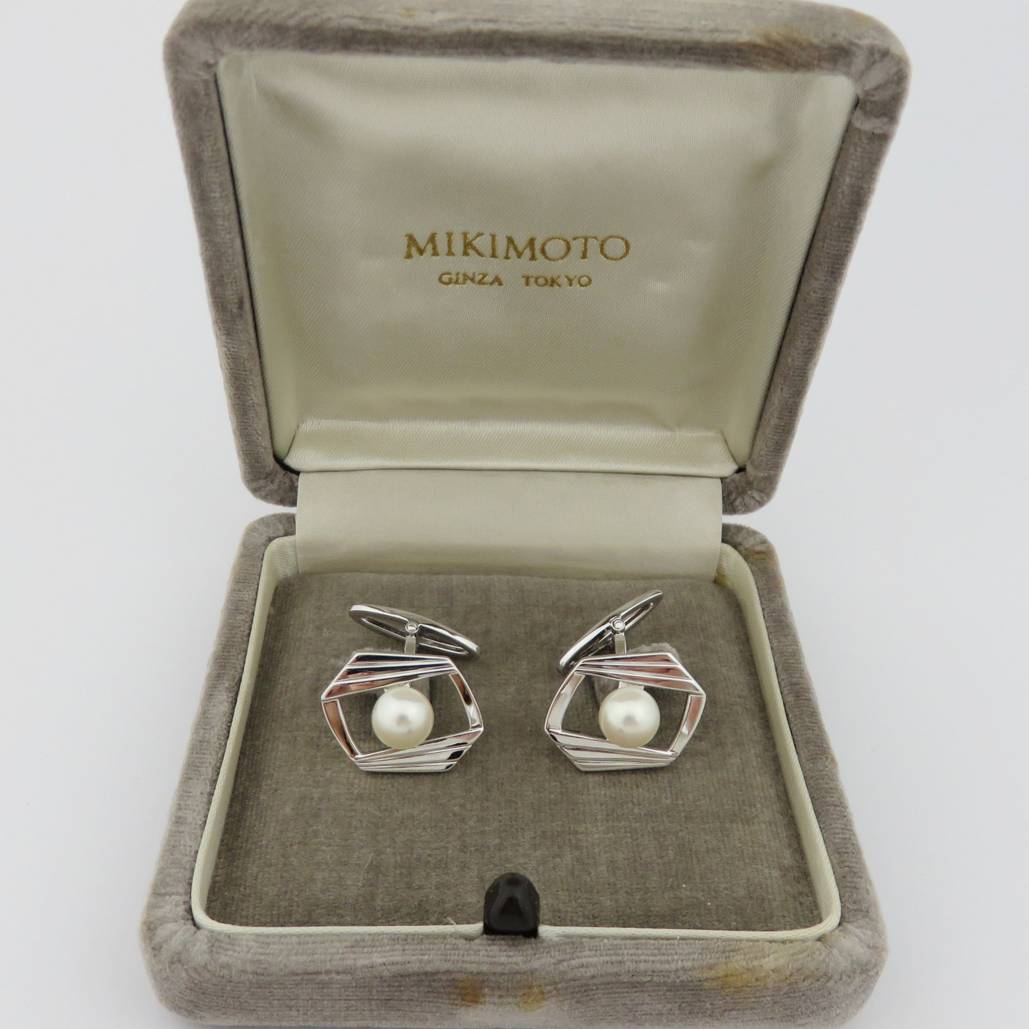 MIKIMOTO 925 Sterling Silver Akoya Pearl 7mm Geometric Cufflinks 