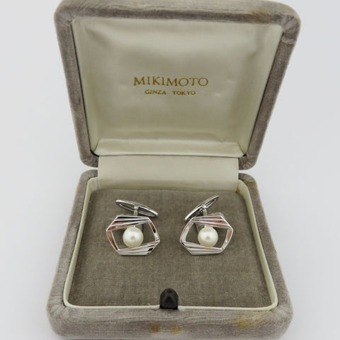MIKIMOTO 925 Sterling Silver Akoya Pearl 7mm Geometric Cufflinks