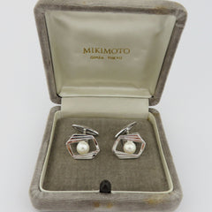 MIKIMOTO 925 Sterling Silver Akoya Pearl 7mm Geometric Cufflinks 