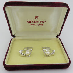 MIKIMOTO 925 Sterling Silver Akoya Pearl 8mm Triangle Geometric Cufflinks w/ Box