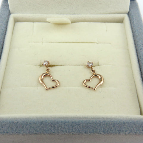 Canal 4℃ 10K Pink Gold Mini Heart Dangle Earrings Cubic Zirconia with Box Japan