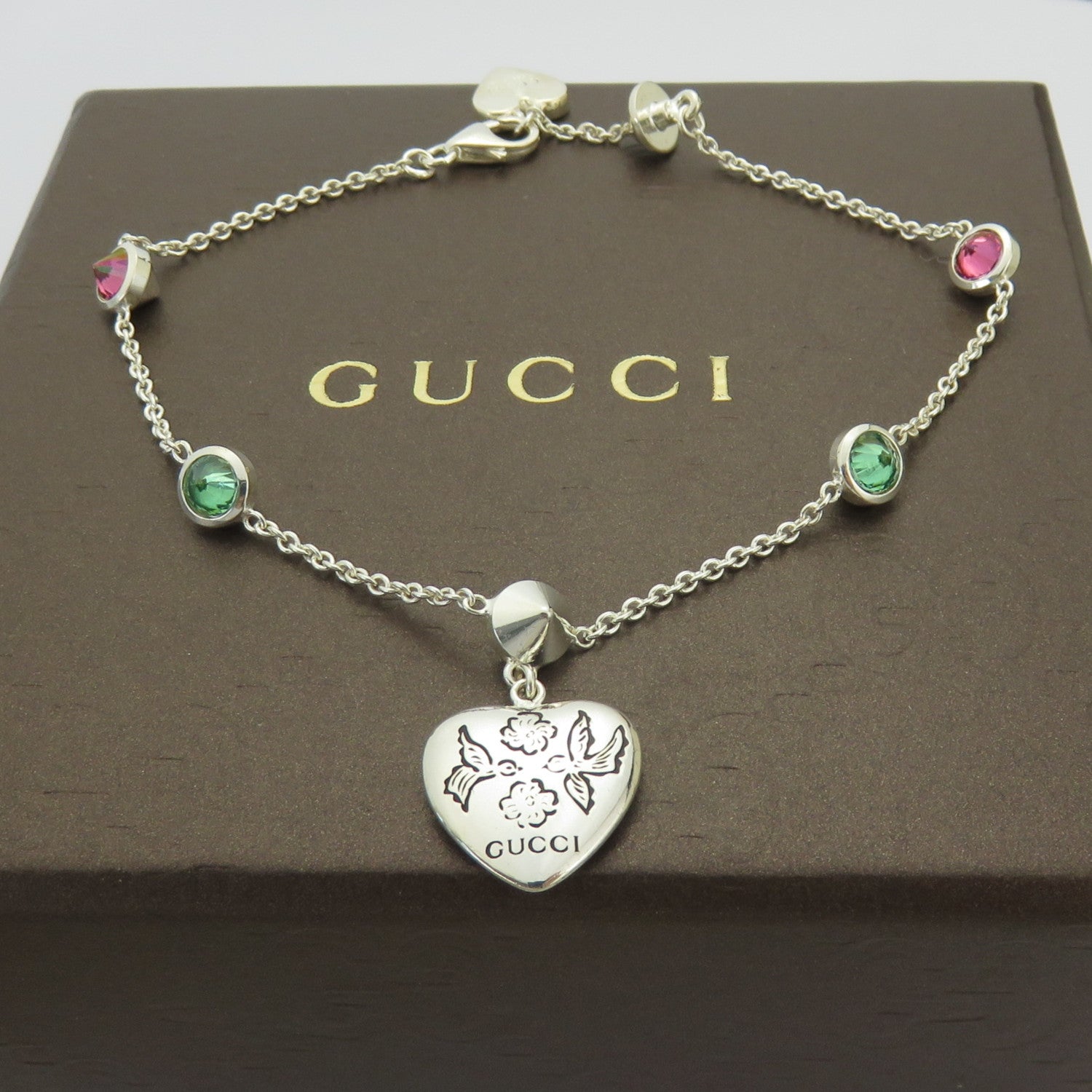 Gucci 925 Silver Red Green Rhinestones Blind for Love Heart Tag Bracelet with Box