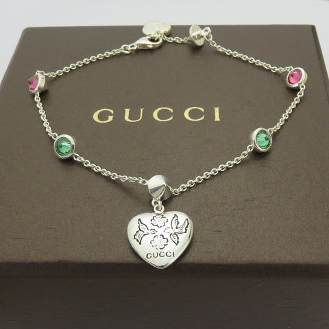 Gucci 925 Silver Red Green Rhinestones Blind for Love Heart Tag Bracelet