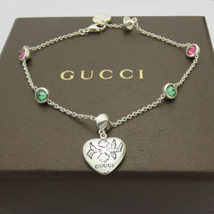 Gucci 925 Silver Red Green Rhinestones Blind for Love Heart Tag Bracelet with Box