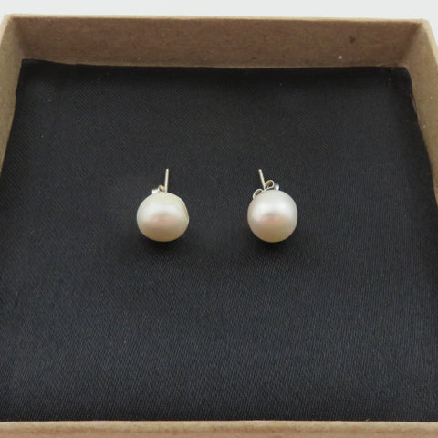 Genuine Freshwater Pearl Earrings 925 Sterling Silver Stud 9.5mm Pearls Box