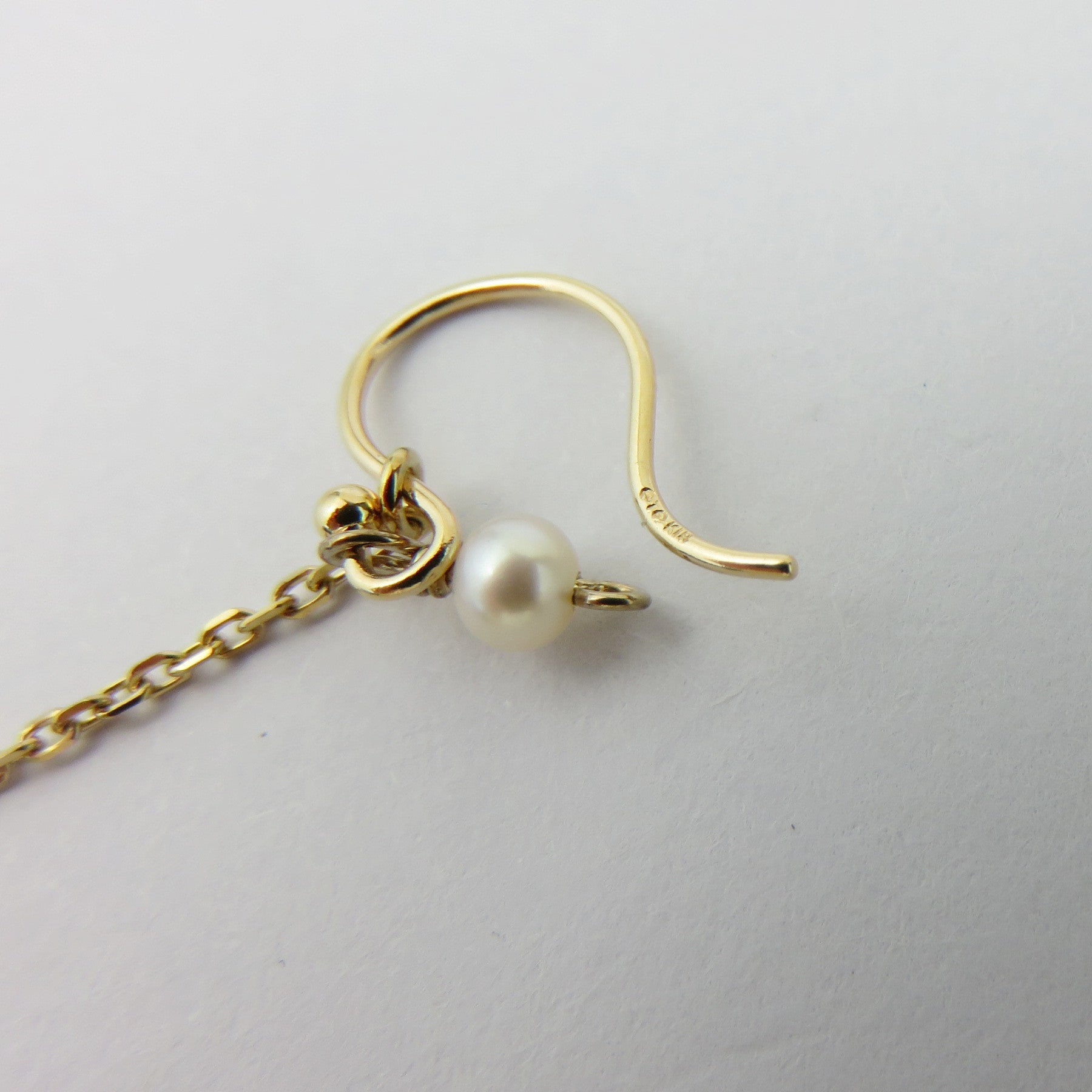 ete Japan K18 Yellow Gold Hook Pearl Clear Quartz Drop Dangle Chain Earrings