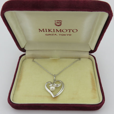 Mikimoto 925 Sterling Silver Open Heart Akoya Pearl Pendant Necklace with Box