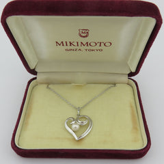 Mikimoto 925 Sterling Silver Open Heart Akoya Pearl Pendant Necklace with Box