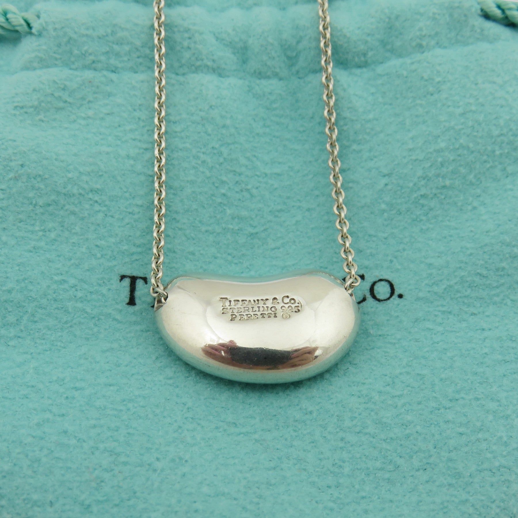 TIFFANY & CO 925 Sterling Silver Large Bean Pendant Necklace with Pouch