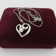 Mikimoto 925 Sterling Silver Open Heart Akoya Pearl Pendant Necklace with Box