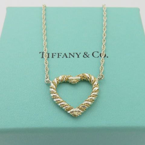 TIFFANY & CO 925 Sterling Silver 18K Gold Twist Heart Pendant Necklace with Box