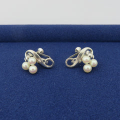 Mikimoto 925 Sterling Silver 3 Akoya Pearl Cluster Screw On Earrings