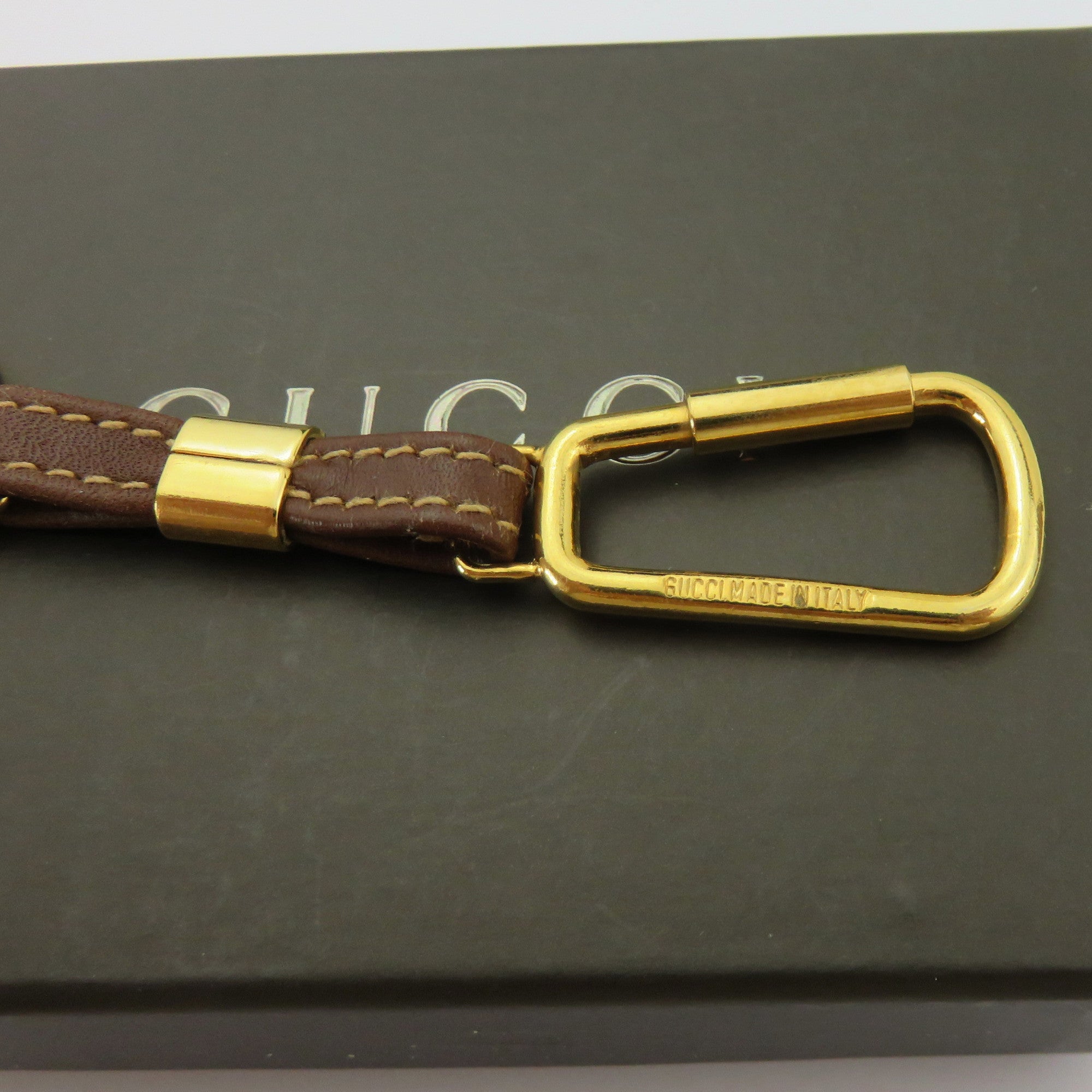 Gucci Gold Tone Metal Black Leather GG Logo Keyring Price Includes US Tariff