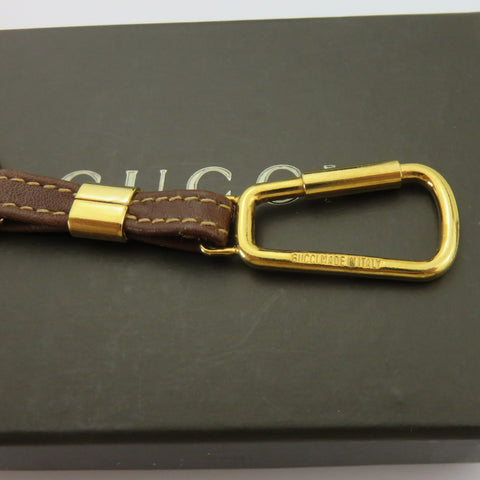 Gucci Gold Silver Tone Metal Brown Leather Round Logo Keyring with Box