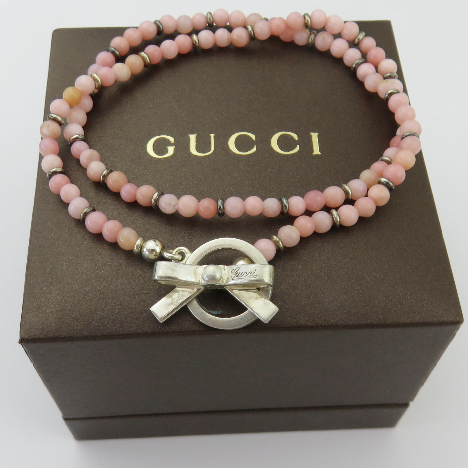 GUCCI 925 Sterling Silver Pink Beads Ribbon Toggle Choker Necklace with Box