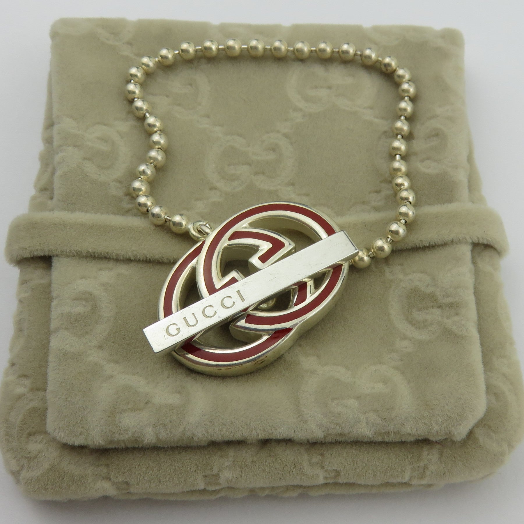 Gucci 925 Sterling Silver Red Enamel Interlocking G Toggle Bracelet with Pouch