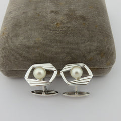 MIKIMOTO 925 Sterling Silver Akoya Pearl 7mm Geometric Cufflinks 