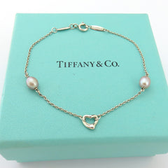 TIFFANY & CO 925 Silver Pearls By The Yard Open Heart Bracelet with Pouch Box